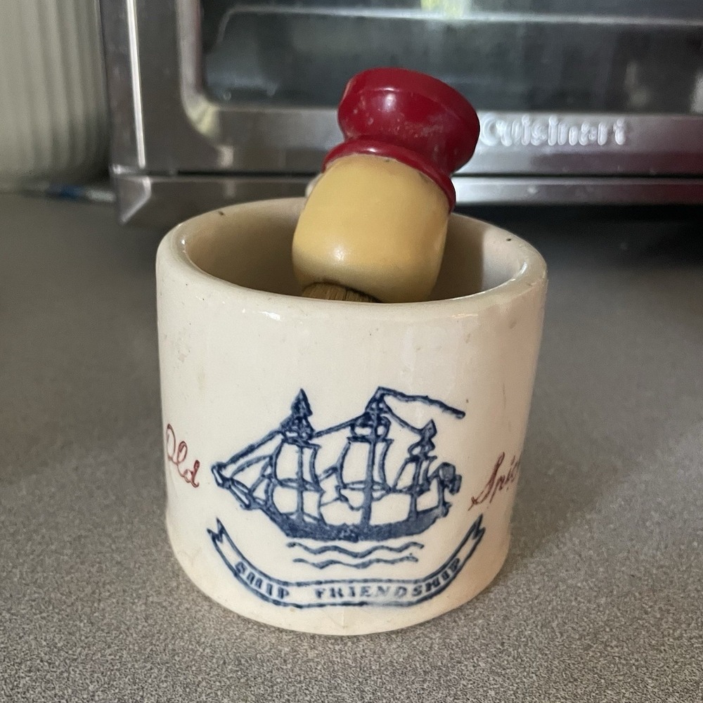 Vintage Ceramic Shaving Mug Cup w/ Brush Blue Ship Design "True Friendship"
